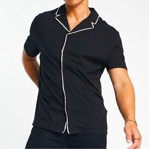 ASOS DESIGN Black soft cotton jersey short sleeve button down shirt white piping